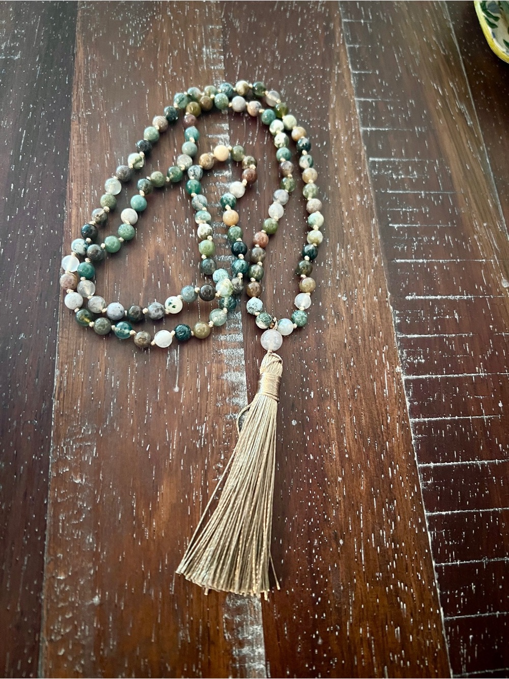 Handmade Green and Earth-Tone Beaded Tassel Necklace